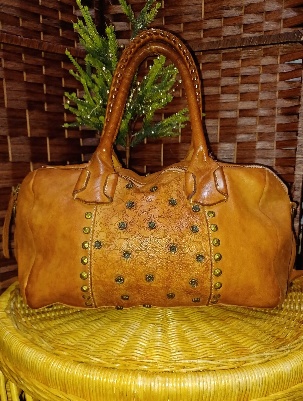 UPDATE- Tan Italian Floral-Embossed Leather Satchel Bag